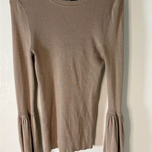 Carmen Marc Valvo Taupe Ribbed Long-Sleeve Crewneck with Flared Cuffs